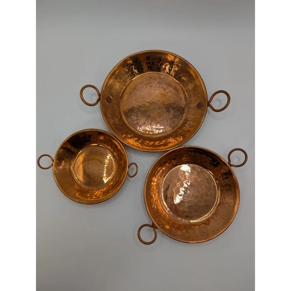 Vintage Mini Copper Cazo Set of 3 Hammered Mexican Style Cazo Pans